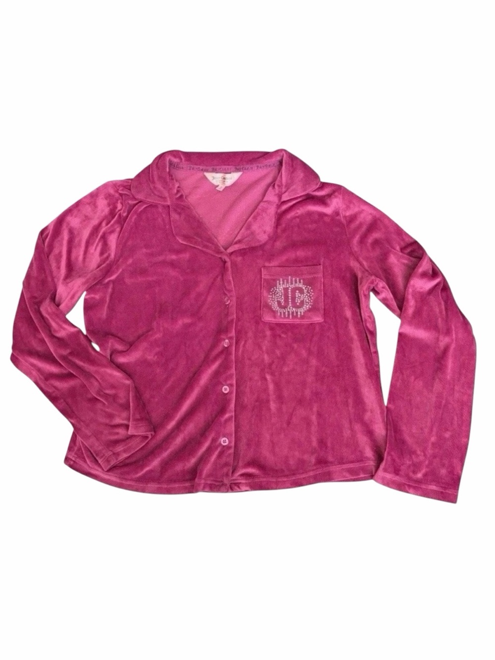 Juicy Couture Fuchsia Pink Velour Button Up Pajama Top Small Rhinestone Logo Y2K